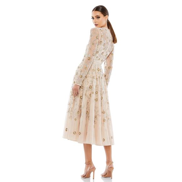 NWT Mac Duggal Floral Beadwork Long Sleeve Midi Dress Nude Women's Size 10 10799 - Picture 3 of 9